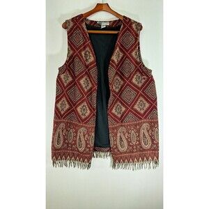 Vtg VICTORIA MORGAN SPORT 100% Wool Floral Fringe Printed Long Vest Women M Boho